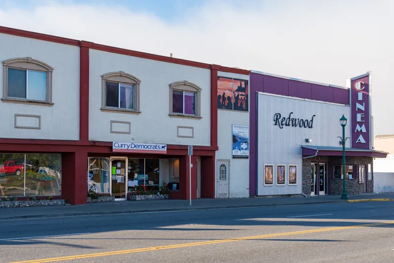 A cinema and neighboring storefronts in downtown Brookings