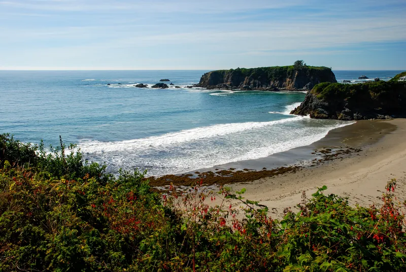 Rocky headlands and a beach at Chetco Point Park in Brookings