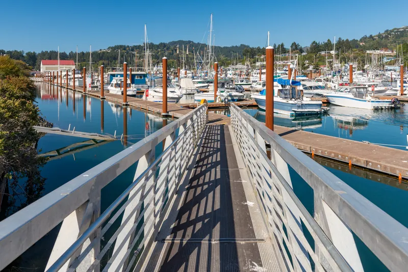 Marina docks and an access ramp at the Port of Brookings Harbor